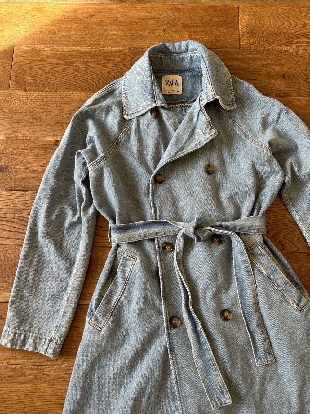 Zara Denim Long Trench Coat Sz S 100% Cotton - Picture 6 of 12